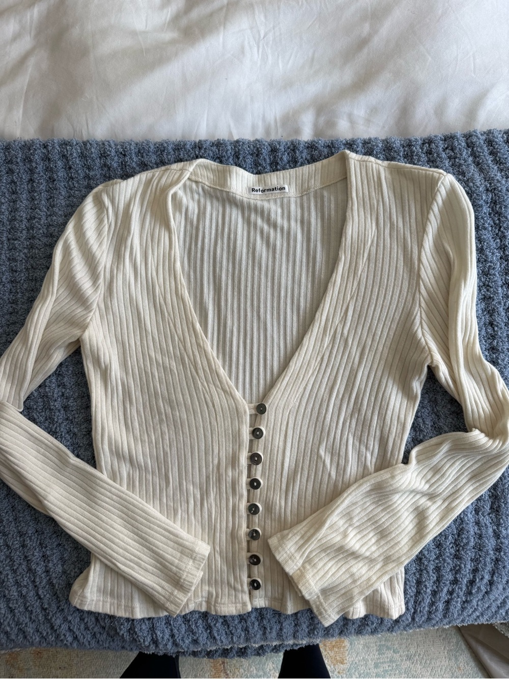 Reformation Ribbed V-Neck Cardigan in Cream